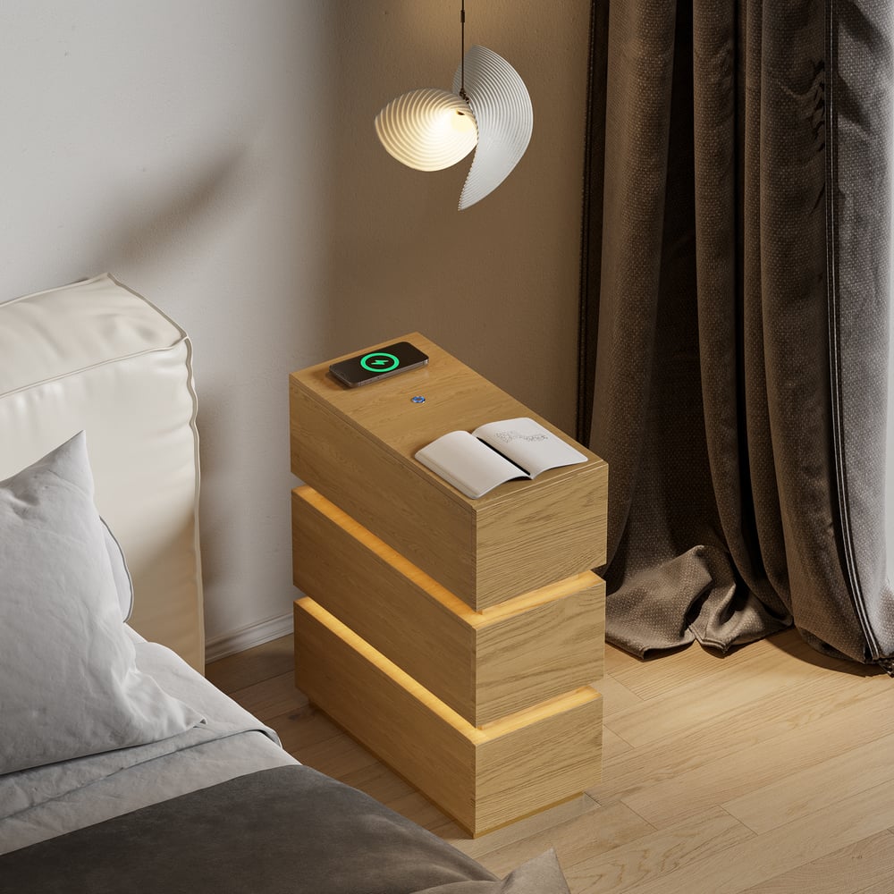 Table de chevet LED étroite Lumio avec 3 tiroirs, station de recharge et lampe - naturelle image de fenêtre