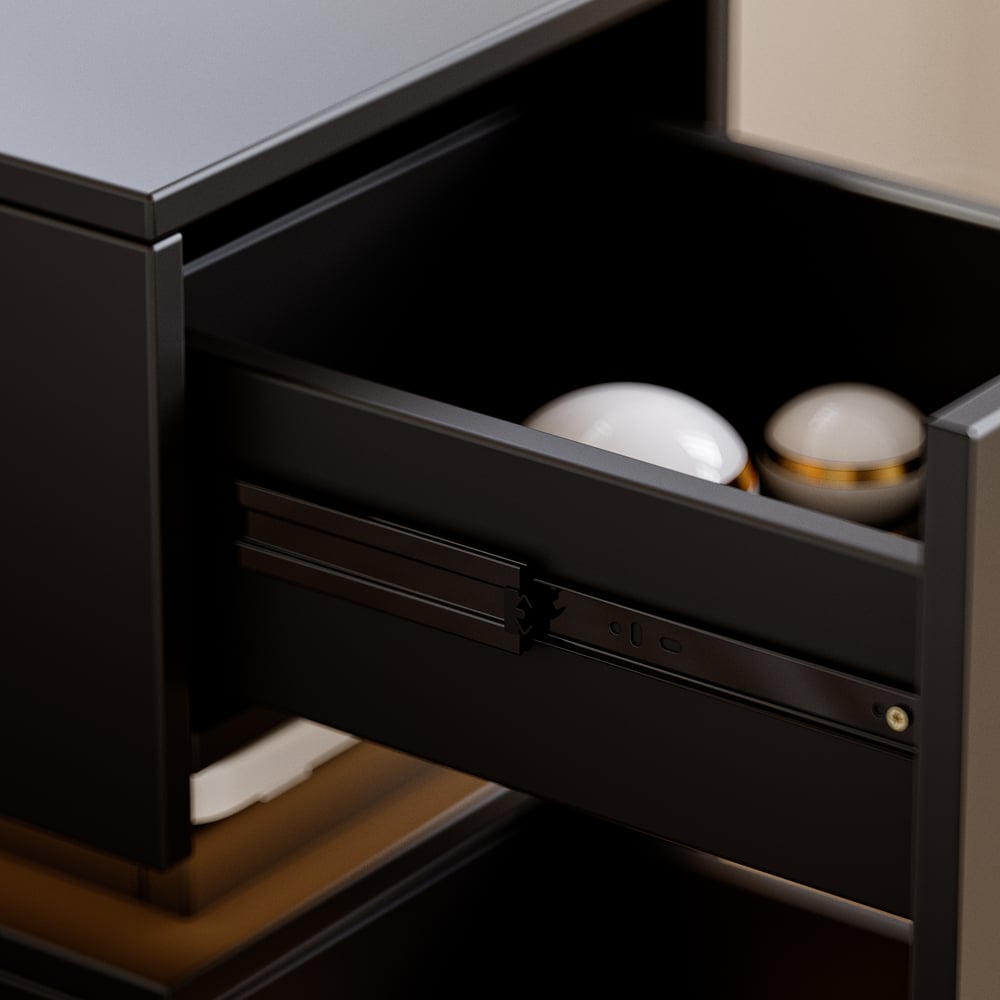 Table de chevet LED Lumio Narrow avec 3 tiroirs, station de charge et lampe, noire image de fenêtre