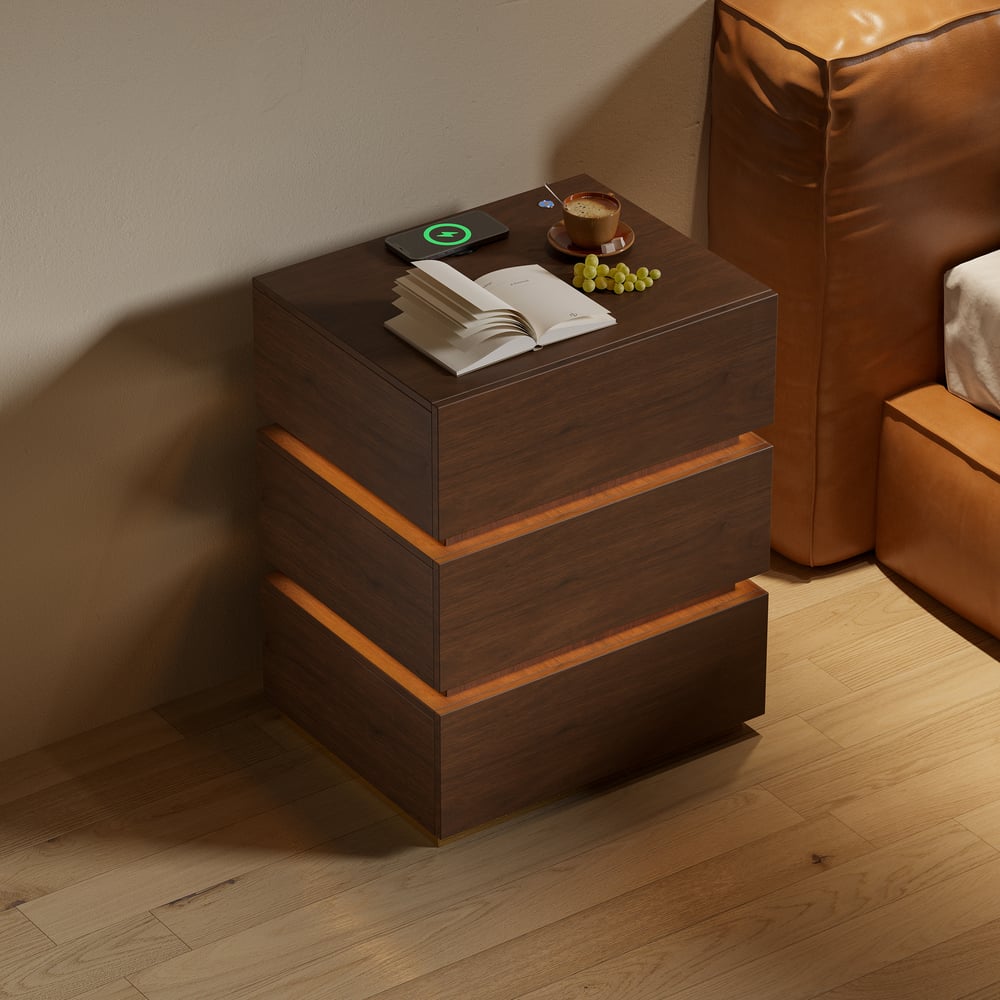 Table de chevet Lumio avec éclairage LED intelligent, 3 tiroirs et station de recharge - noyer image de fenêtre
