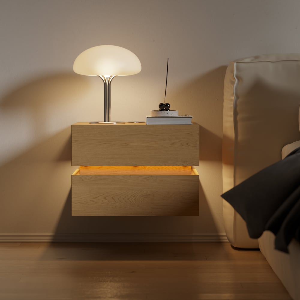Lumio floating LED bedside table with 2 drawers, charging station and light - natural window image