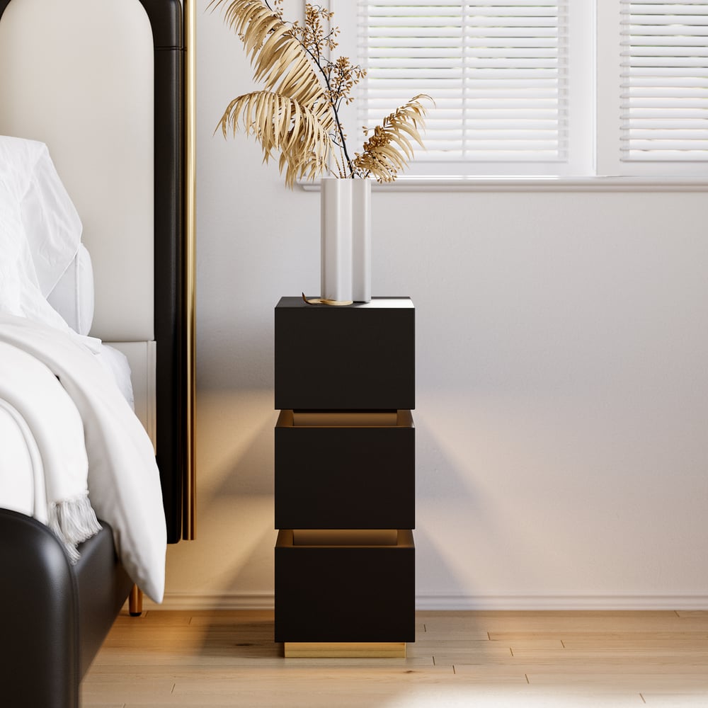 Table de chevet LED Lumio Narrow avec 3 tiroirs, station de charge et lampe, noire image de fenêtre