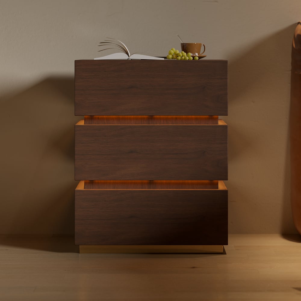 Table de chevet Lumio avec éclairage LED intelligent, 3 tiroirs et station de recharge - noyer image de fenêtre