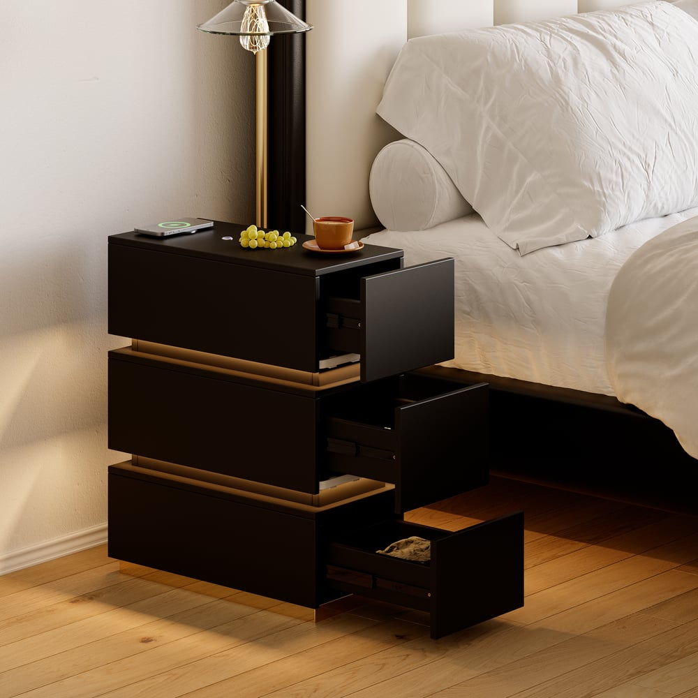 Table de chevet LED Lumio Narrow avec 3 tiroirs, station de charge et lampe, noire image de fenêtre