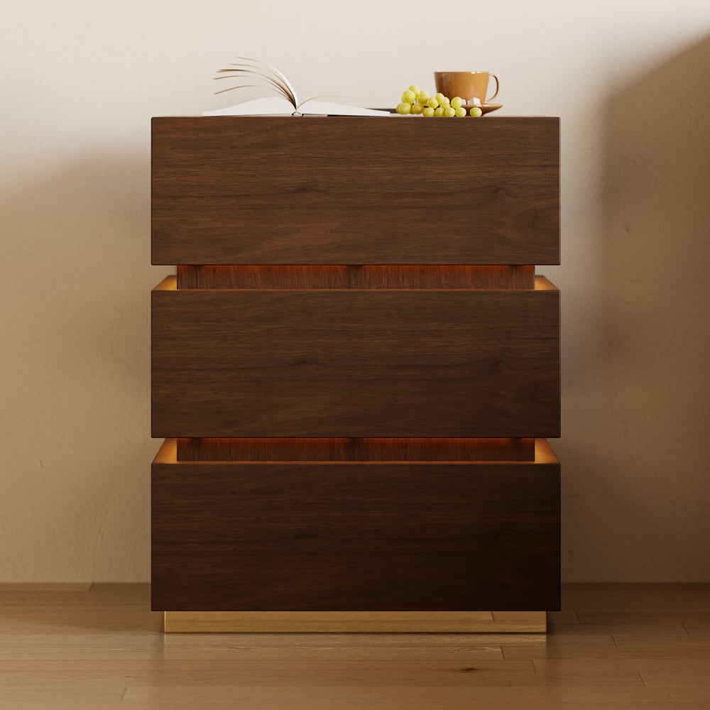 Table de chevet Lumio avec éclairage LED intelligent, 3 tiroirs et station de recharge - noyer image de fenêtre