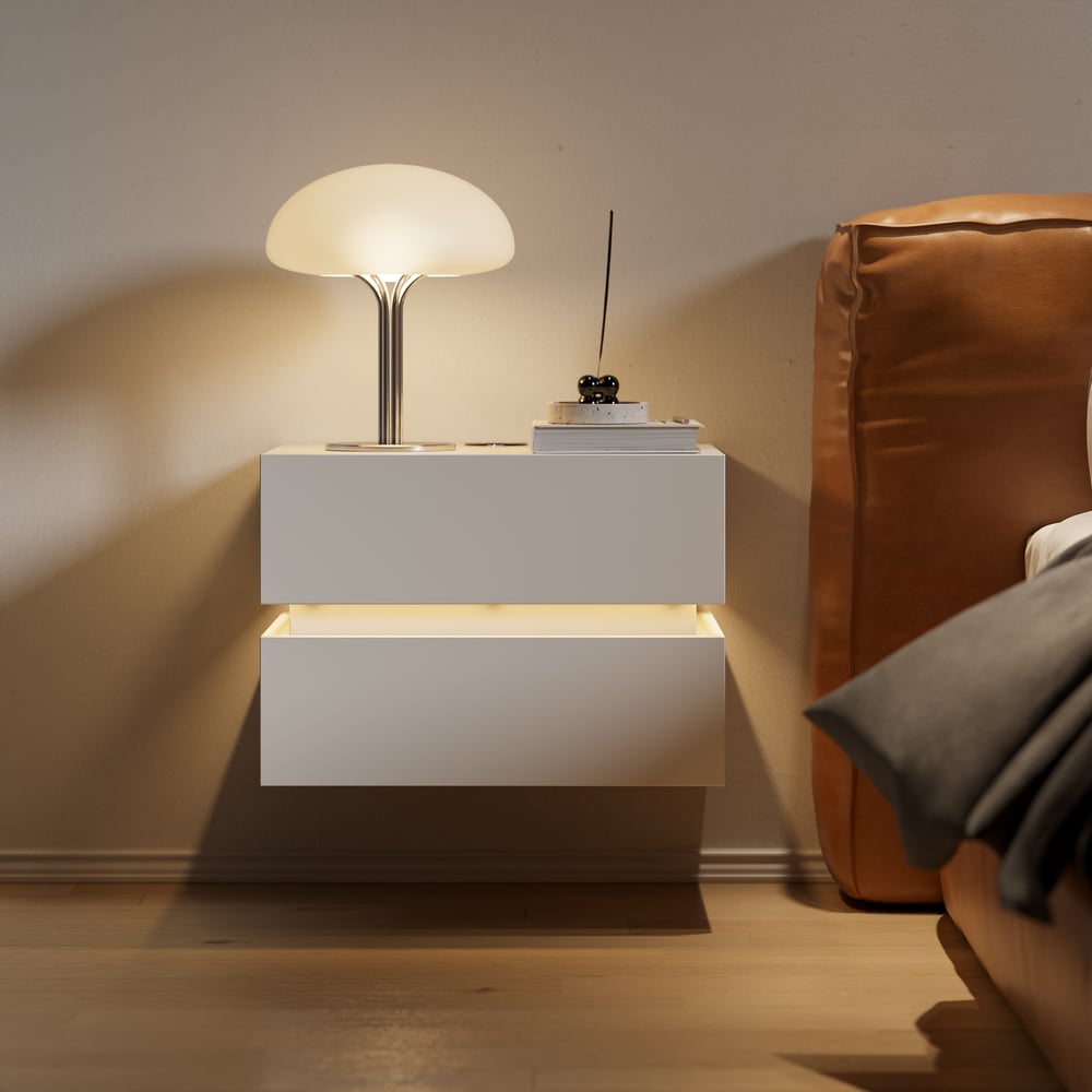 Mesa de cabeceira LED flutuante Lumio com 2 gavetas, estação de carregamento e luz - branca Imagem da janela