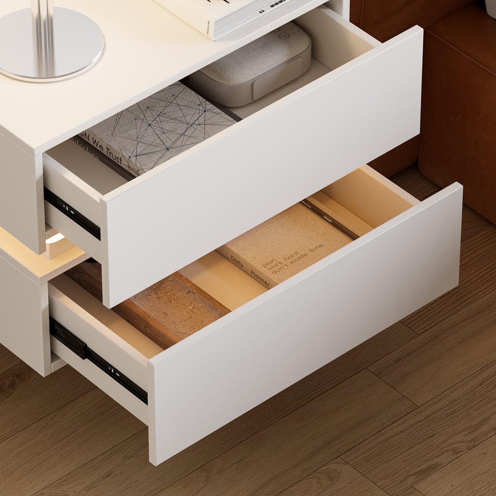 Mesa de cabeceira LED flutuante Lumio com 2 gavetas, estação de carregamento e luz - branca Imagem da janela