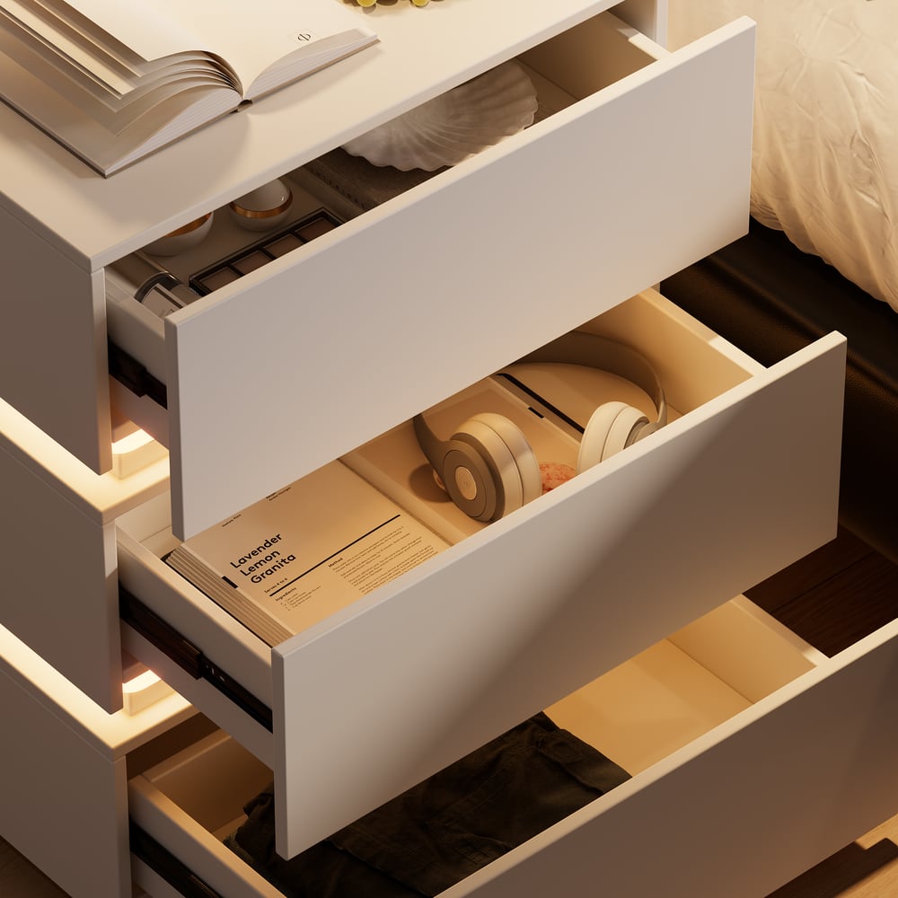 Smart white LED bedside table with wireless charging station and light window image