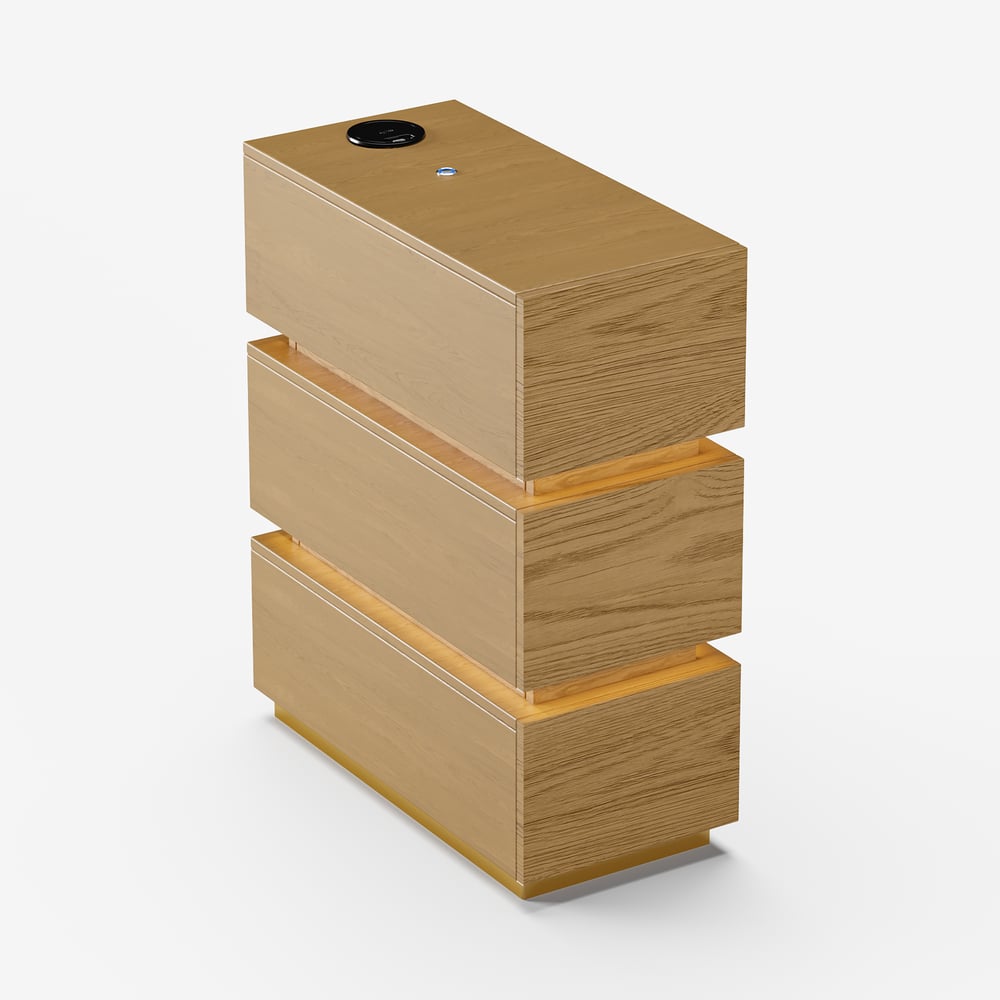 Table de chevet LED étroite Lumio avec 3 tiroirs, station de recharge et lampe - naturelle image de fenêtre