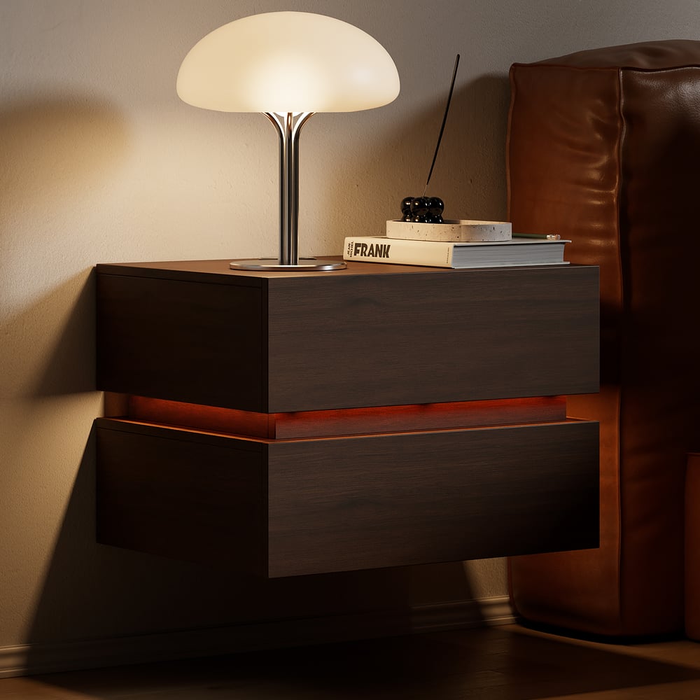 Table de chevet LED flottante Lumio avec 2 tiroirs, station de recharge et lampe - noyer image de fenêtre