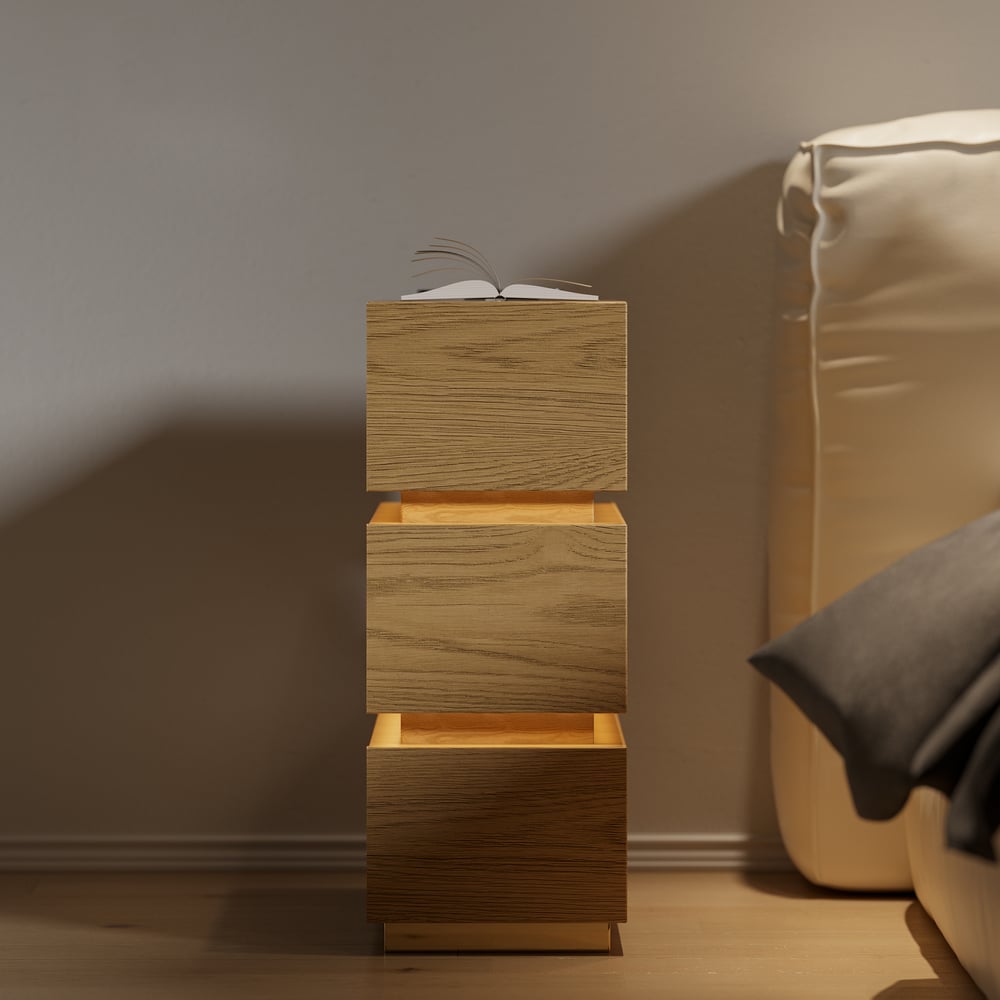 Table de chevet LED étroite Lumio avec 3 tiroirs, station de recharge et lampe - naturelle image de fenêtre