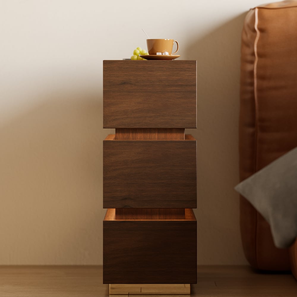 Mesa de cabeceira LED estreita Lumio com 3 gavetas, estação de carregamento e luz - nogueira Imagem da janela