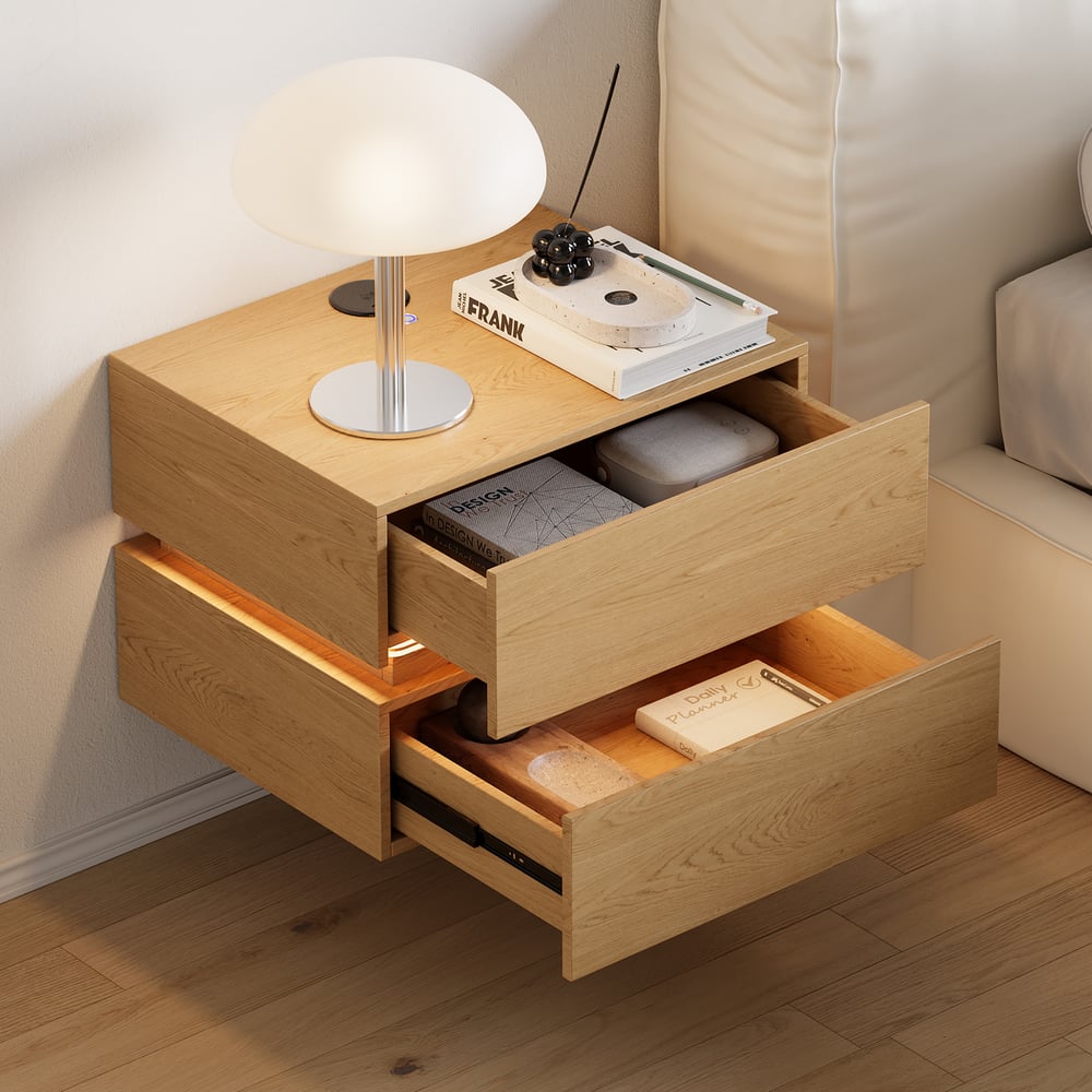 Lumio floating LED bedside table with 2 drawers, charging station and light - natural window image