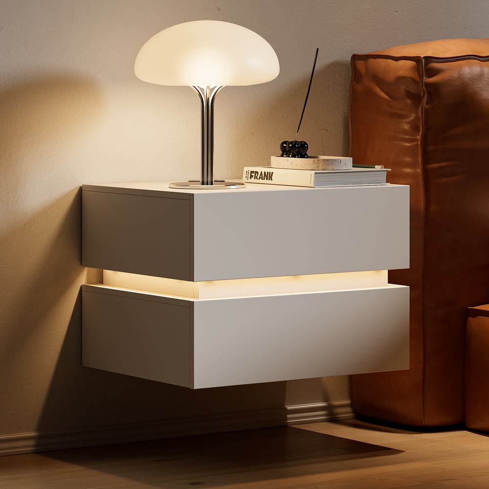 Mesa de cabeceira LED flutuante Lumio com 2 gavetas, estação de carregamento e luz - branca Imagem da janela