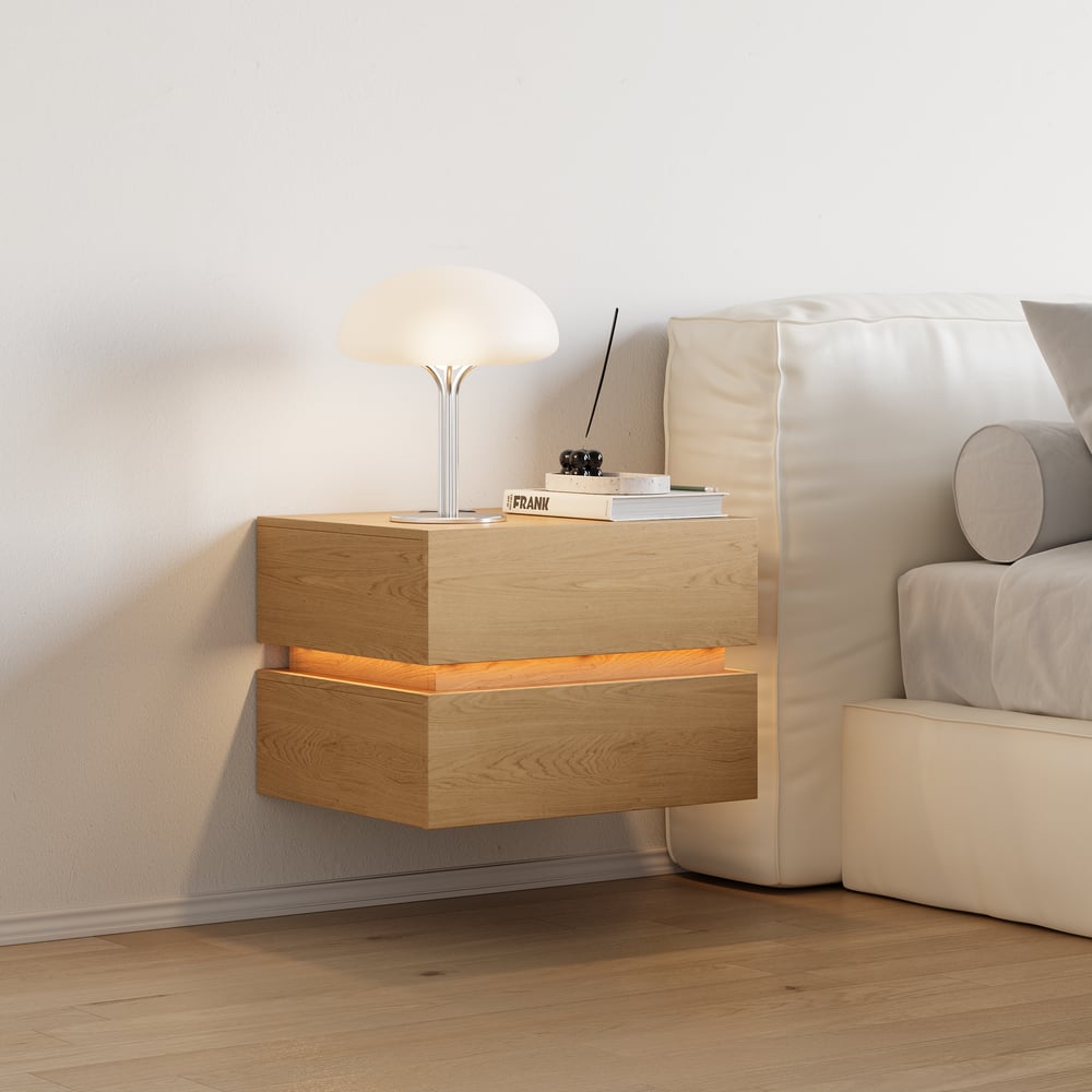 Lumio floating LED bedside table with 2 drawers, charging station and light - natural window image