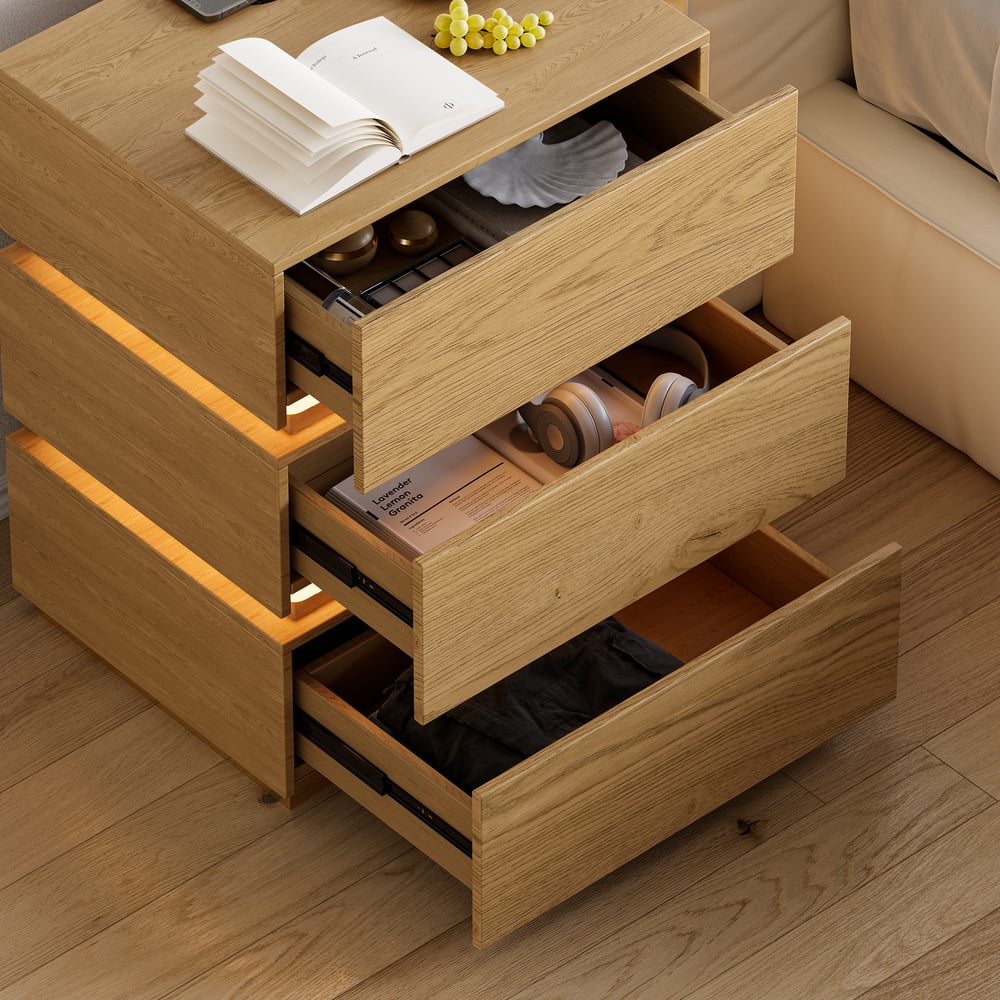 Lumio Smart LED Bedside Table with 3 Drawers, Charging Station and Light - Natural