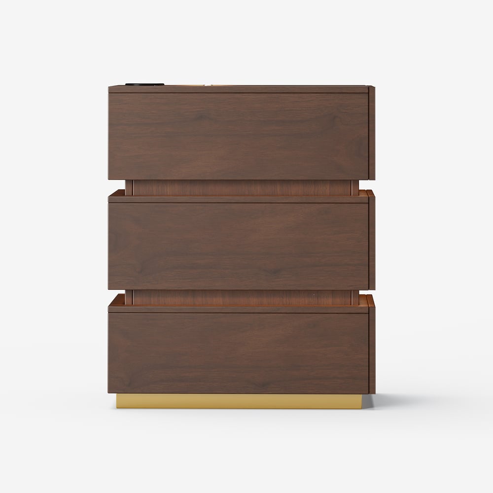 Mesa de cabeceira LED estreita Lumio com 3 gavetas, estação de carregamento e luz - nogueira Imagem da janela