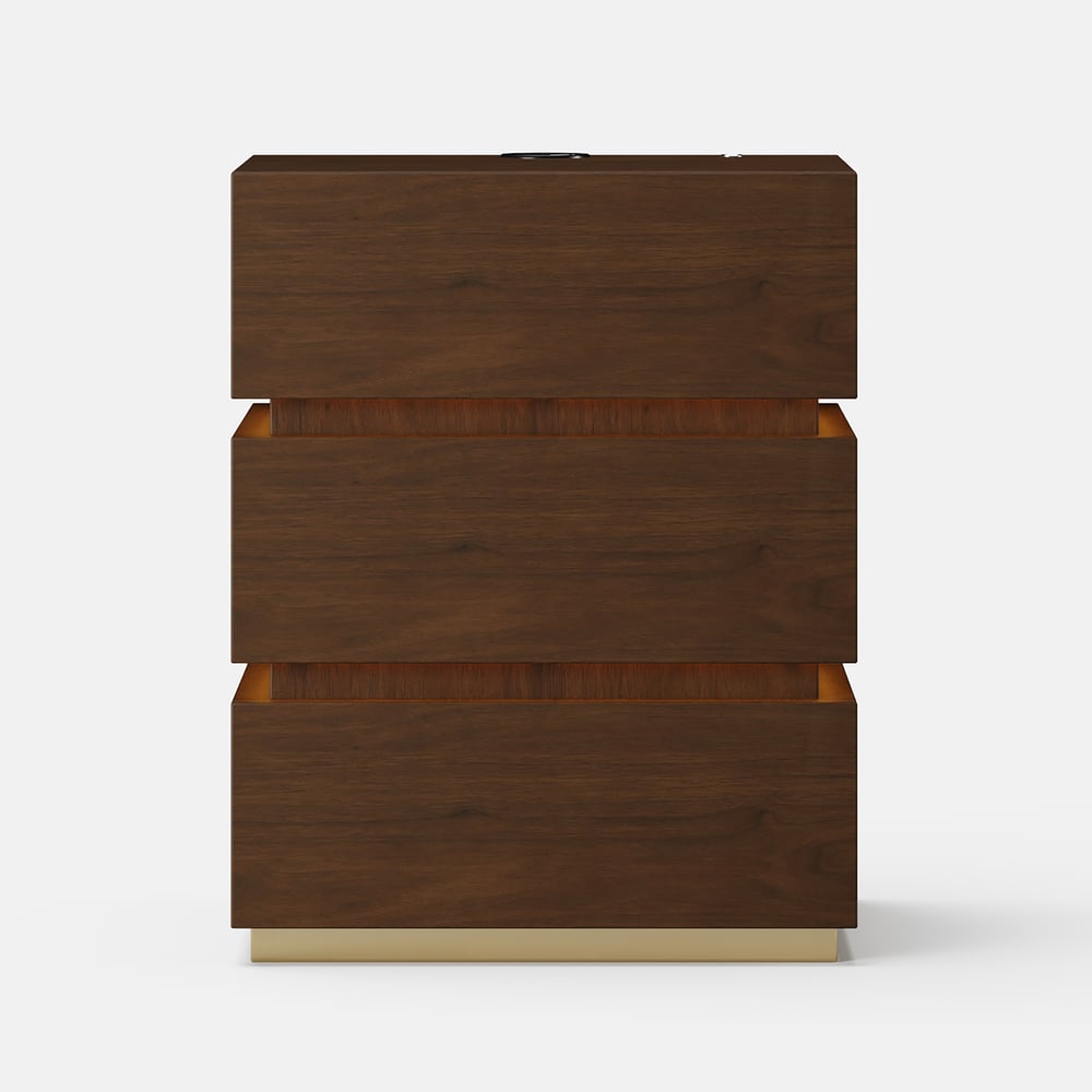 Table de chevet Lumio avec éclairage LED intelligent, 3 tiroirs et station de recharge - noyer image de fenêtre