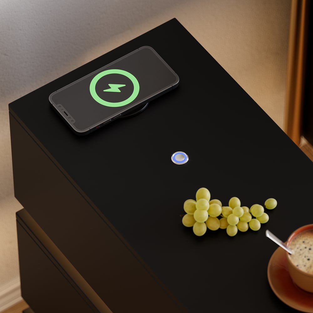 Table de chevet LED Lumio Narrow avec 3 tiroirs, station de charge et lampe, noire image de fenêtre