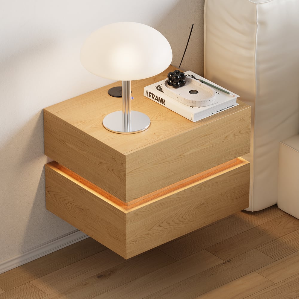 Lumio floating LED bedside table with 2 drawers, charging station and light - natural window image