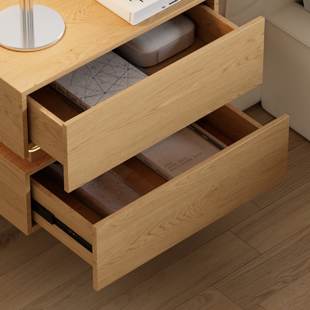 Lumio floating LED bedside table with 2 drawers, charging station and light - natural window image