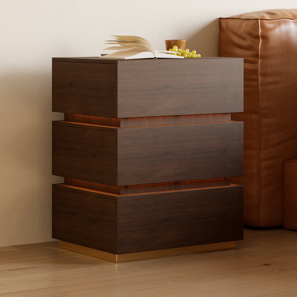 Table de chevet Lumio avec éclairage LED intelligent, 3 tiroirs et station de recharge - noyer image de fenêtre