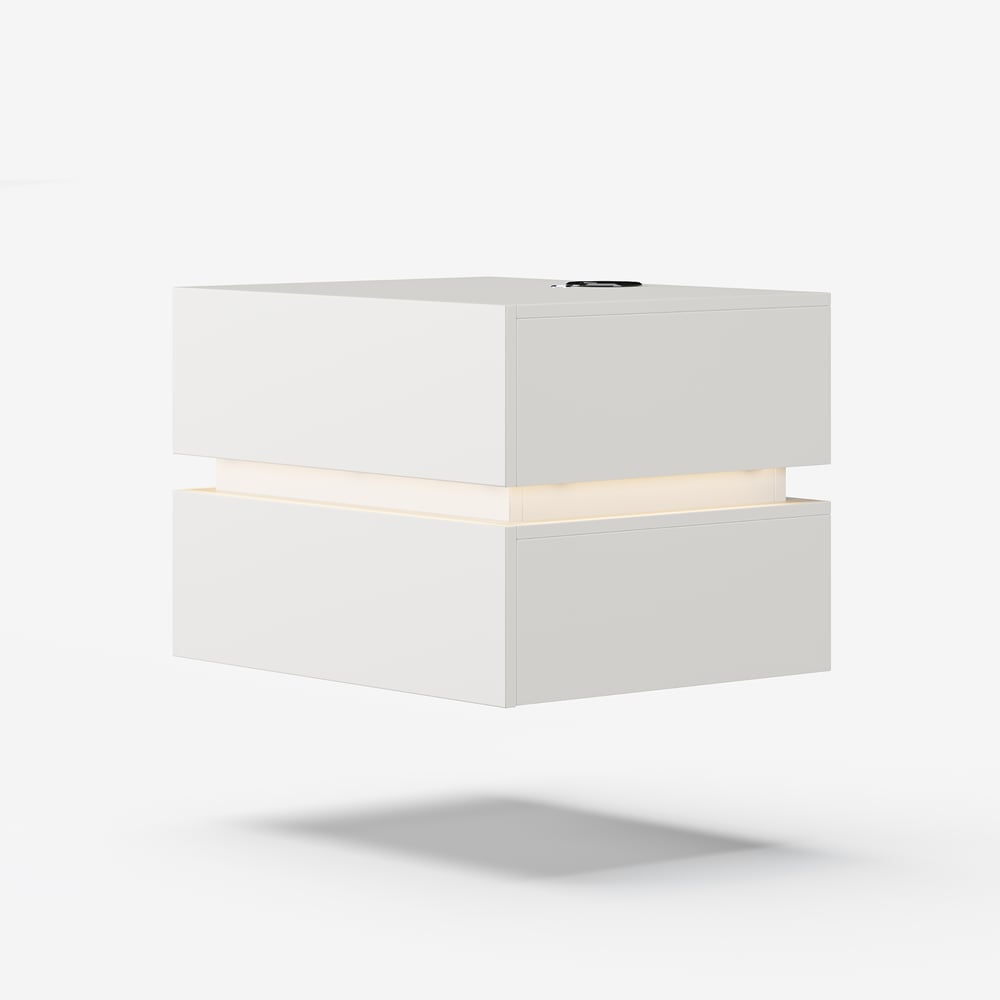 Mesa de cabeceira LED flutuante Lumio com 2 gavetas, estação de carregamento e luz - branca Imagem da janela