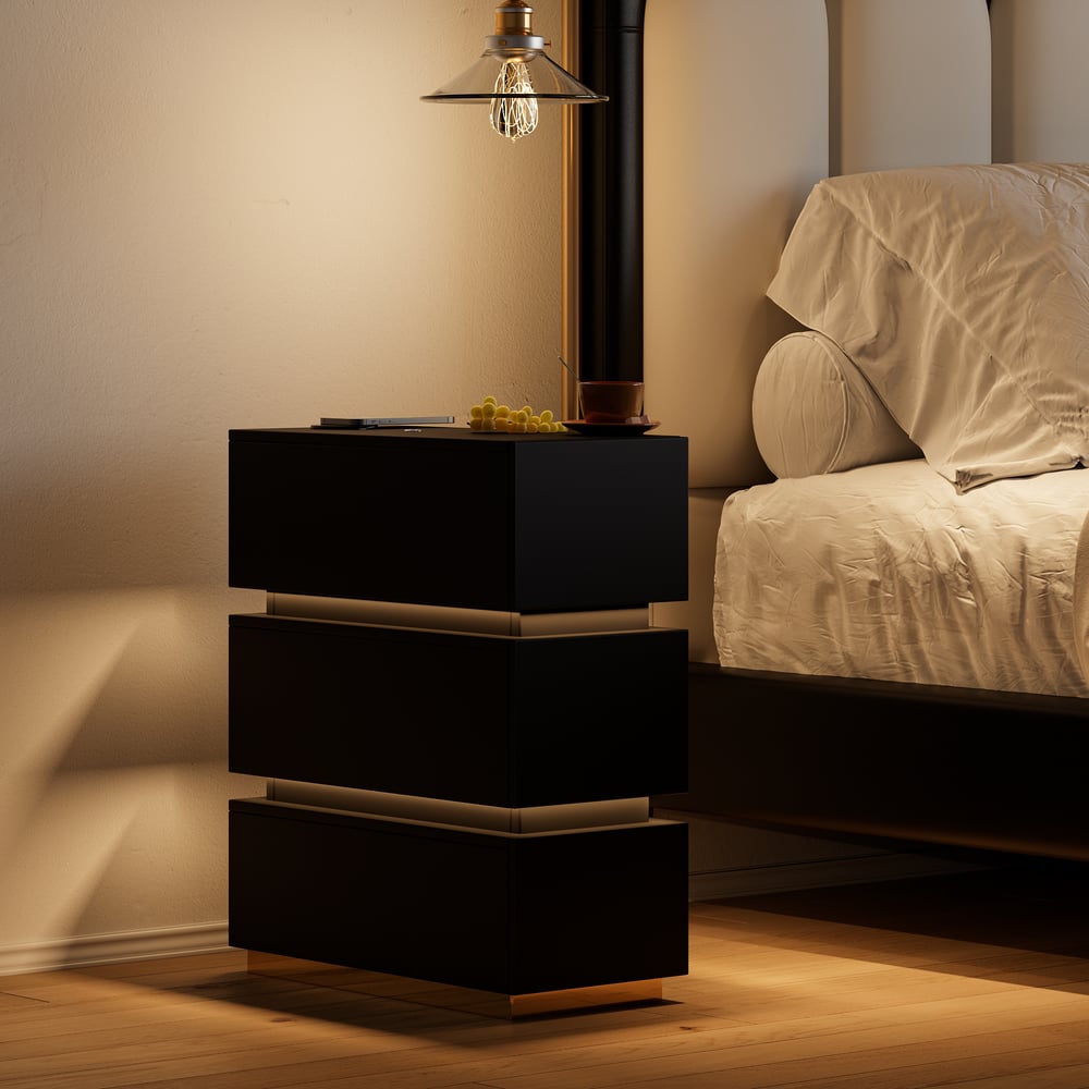 Table de chevet LED Lumio Narrow avec 3 tiroirs, station de charge et lampe, noire image de fenêtre