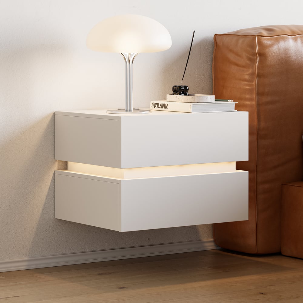 Mesa de cabeceira LED flutuante Lumio com 2 gavetas, estação de carregamento e luz - branca Imagem da janela