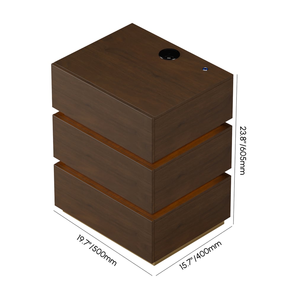 Table de chevet Lumio avec éclairage LED intelligent, 3 tiroirs et station de recharge - noyer Poids, dimensions, image