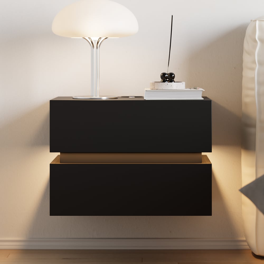 Lumio floating LED bedside table with 2 drawers, charging station and light - black window image