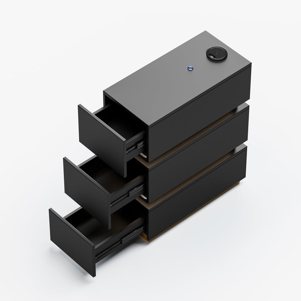 Table de chevet LED Lumio Narrow avec 3 tiroirs, station de charge et lampe, noire image de fenêtre