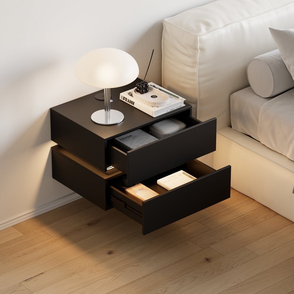 Lumio plovoucí LED noční stolek se 2 zásuvkami, nabíjecí stanicí a světlem - černá obrázek okna