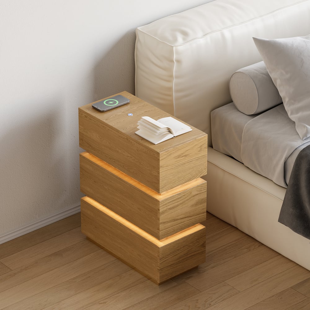 Table de chevet LED étroite Lumio avec 3 tiroirs, station de recharge et lampe - naturelle image de fenêtre