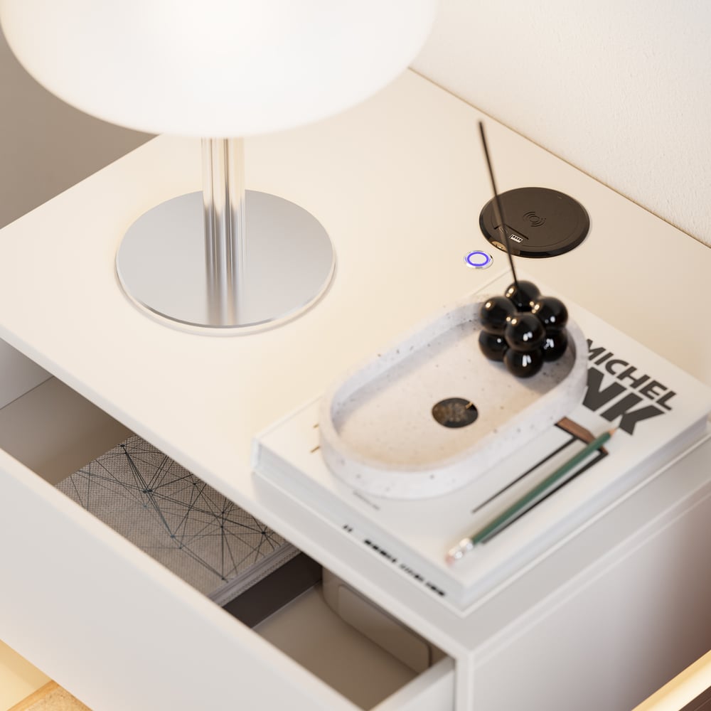 Mesa de cabeceira LED flutuante Lumio com 2 gavetas, estação de carregamento e luz - branca Imagem da janela