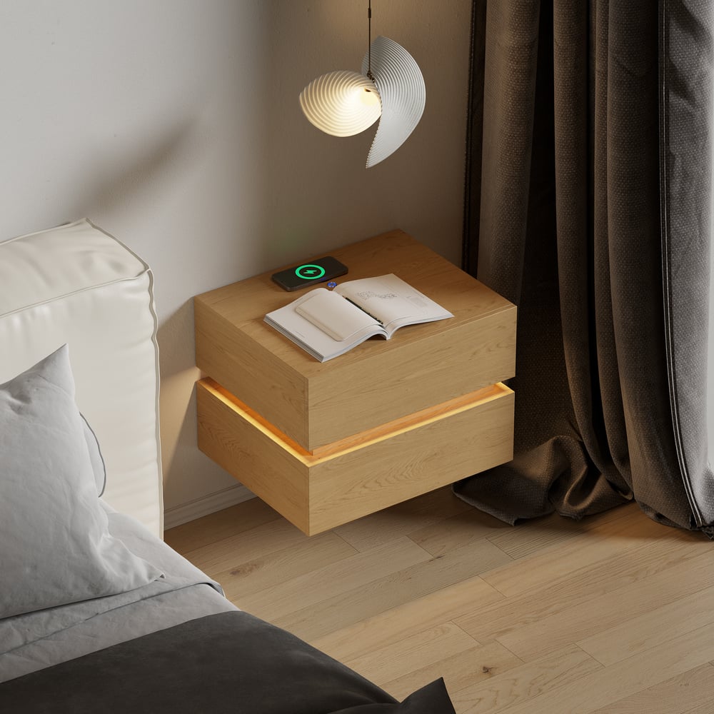 Lumio floating LED bedside table with 2 drawers, charging station and light - natural window image
