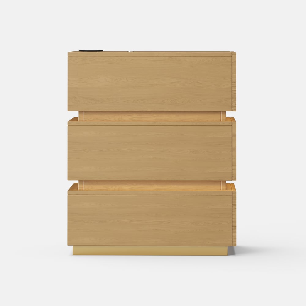 Table de chevet LED étroite Lumio avec 3 tiroirs, station de recharge et lampe - naturelle image de fenêtre