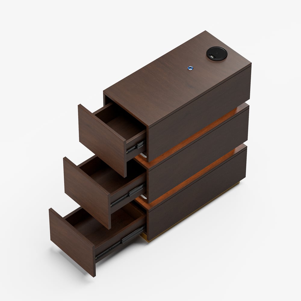 Mesa de cabeceira LED estreita Lumio com 3 gavetas, estação de carregamento e luz - nogueira Imagem da janela