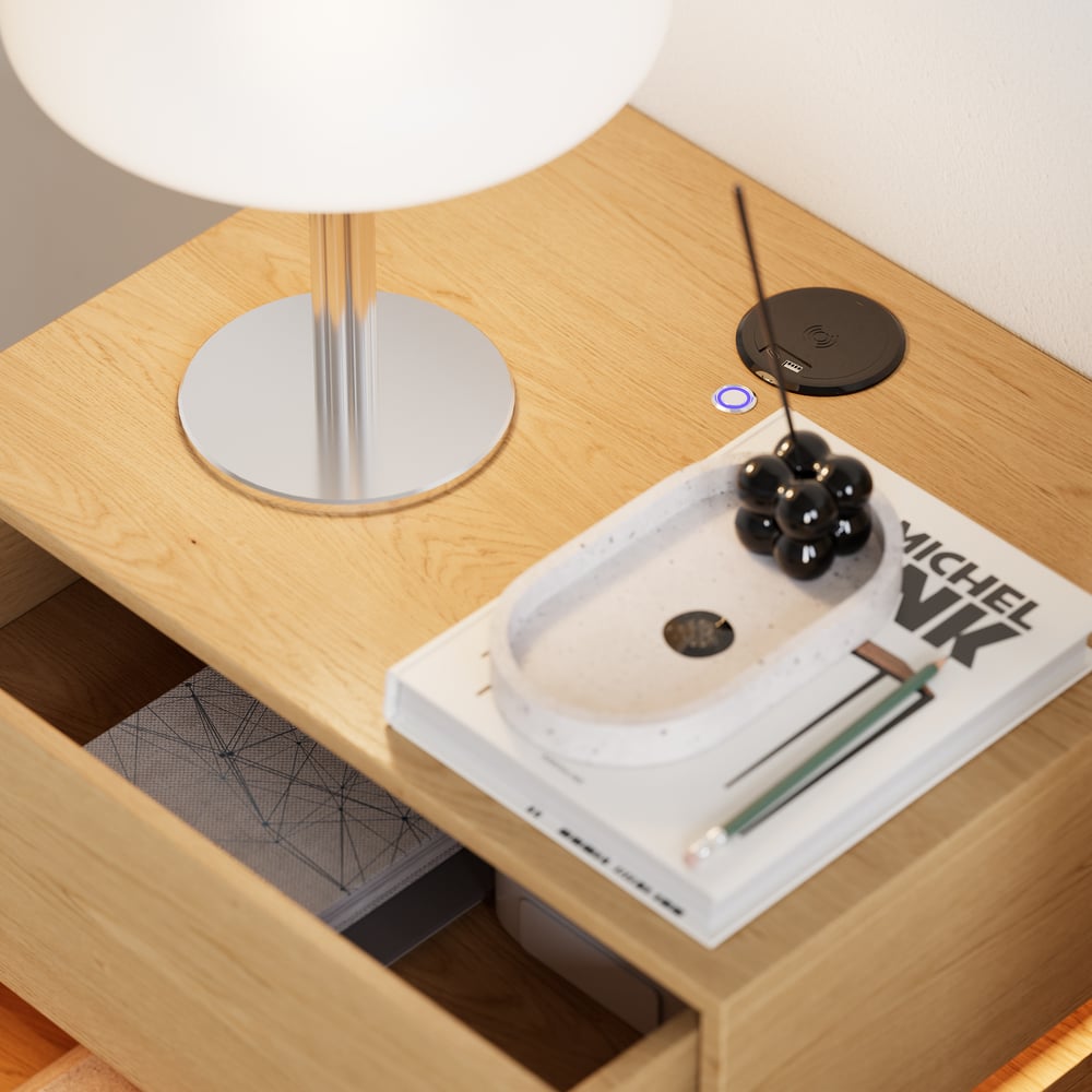 Lumio floating LED bedside table with 2 drawers, charging station and light - natural window image