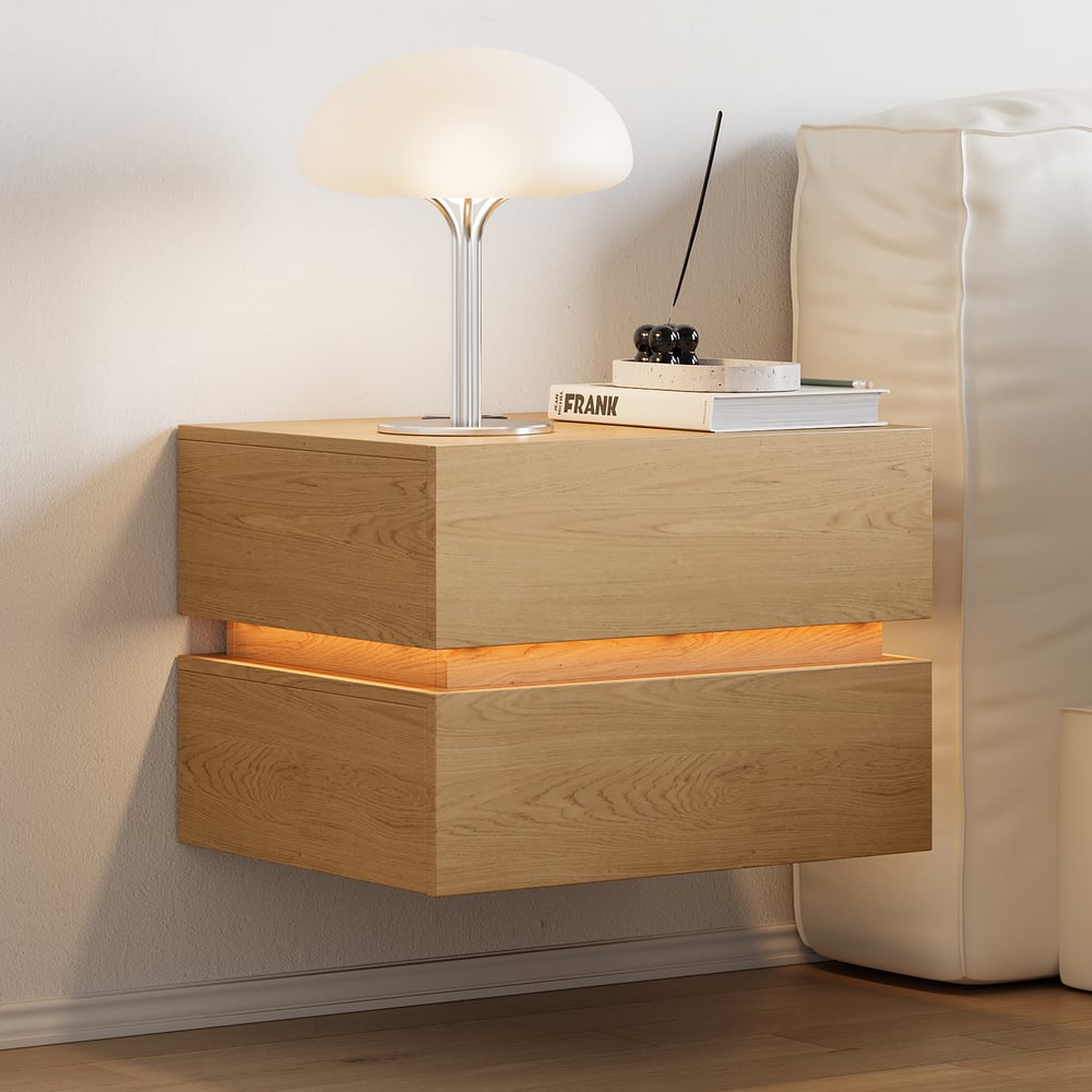 Lumio floating LED bedside table with 2 drawers, charging station and light - natural window image