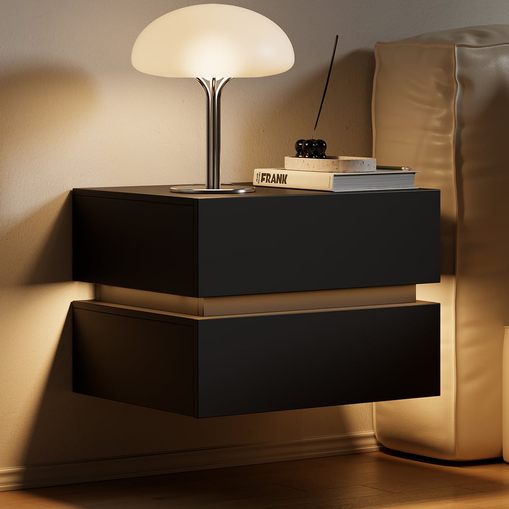 Lumio plovoucí LED noční stolek se 2 zásuvkami, nabíjecí stanicí a světlem - černá obrázek okna