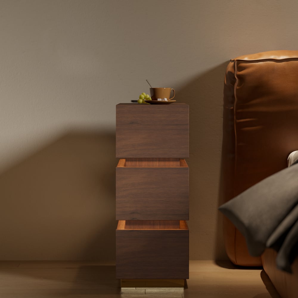Table de chevet LED étroite Lumio avec 3 tiroirs, station de recharge et lampe - noyer image de fenêtre