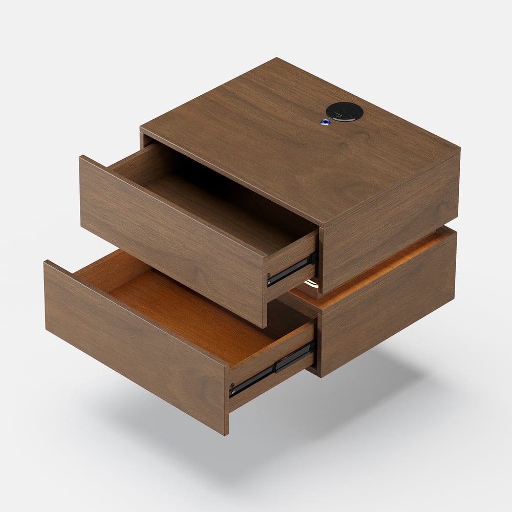 Table de chevet LED flottante Lumio avec 2 tiroirs, station de recharge et lampe - noyer image de fenêtre