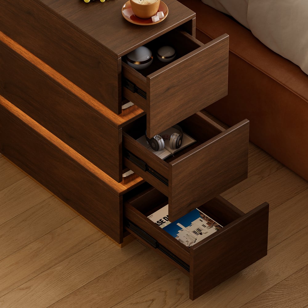 Mesa de cabeceira LED estreita Lumio com 3 gavetas, estação de carregamento e luz - nogueira Imagem da janela