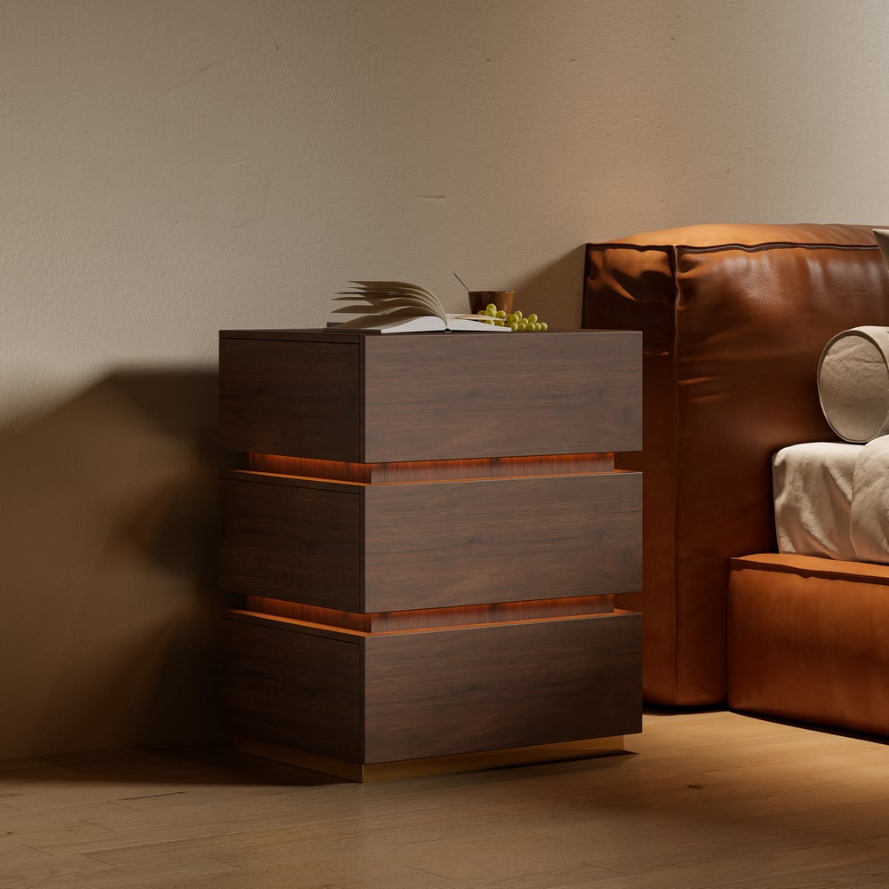 Table de chevet Lumio avec éclairage LED intelligent, 3 tiroirs et station de recharge - noyer image de fenêtre