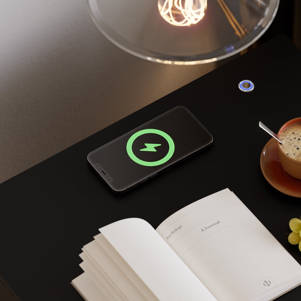 Table de chevet intelligente à LED noire avec station de recharge sans fil et lampe image de fenêtre