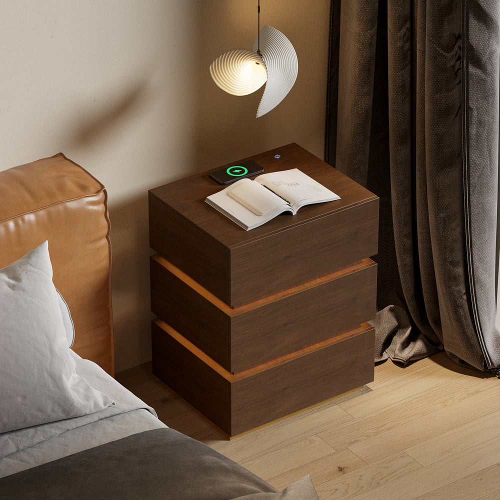 Table de chevet Lumio avec éclairage LED intelligent, 3 tiroirs et station de recharge - noyer image de fenêtre