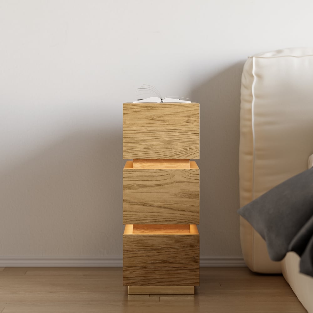 Table de chevet LED étroite Lumio avec 3 tiroirs, station de recharge et lampe - naturelle image de fenêtre