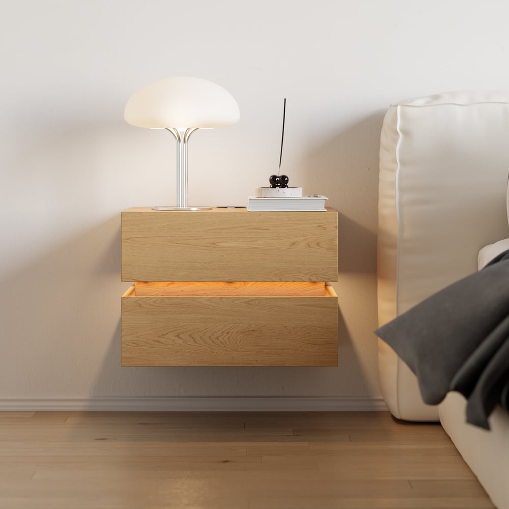 Lumio floating LED bedside table with 2 drawers, charging station and light - natural window image