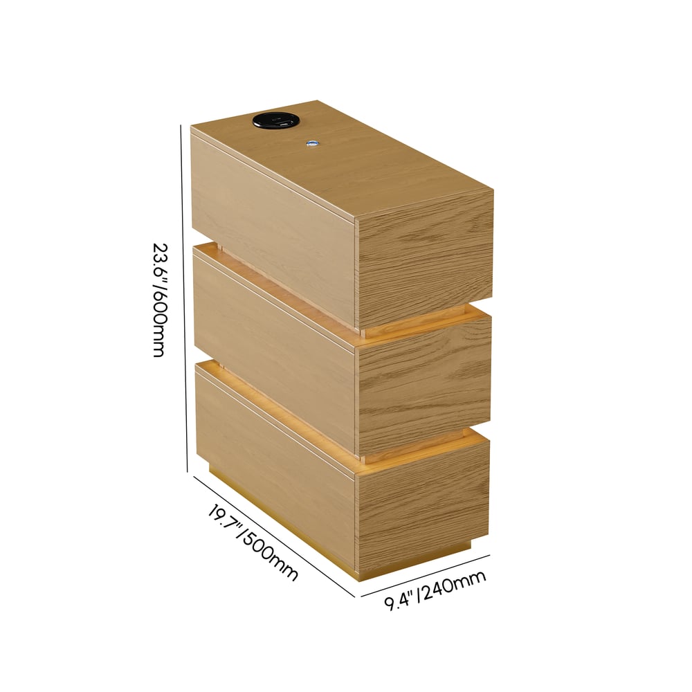 Table de chevet LED étroite Lumio avec 3 tiroirs, station de recharge et lampe - naturelle Poids, dimensions, image