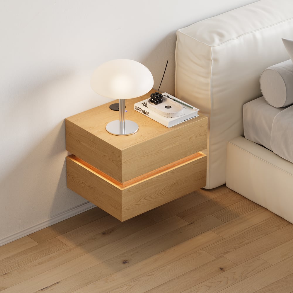 Lumio floating LED bedside table with 2 drawers, charging station and light - natural window image